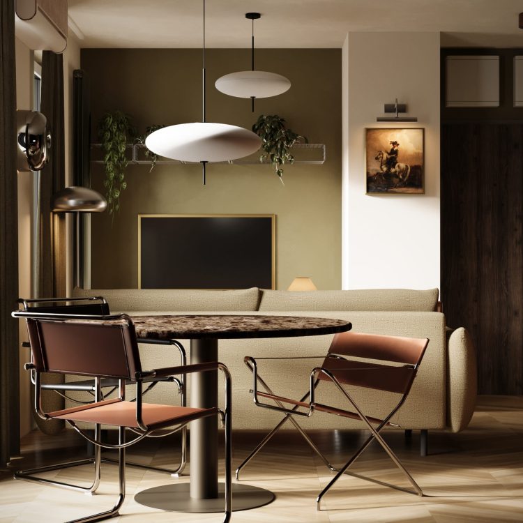 Projekt wnętrz mieszkania 43m2 ujęcie na salon